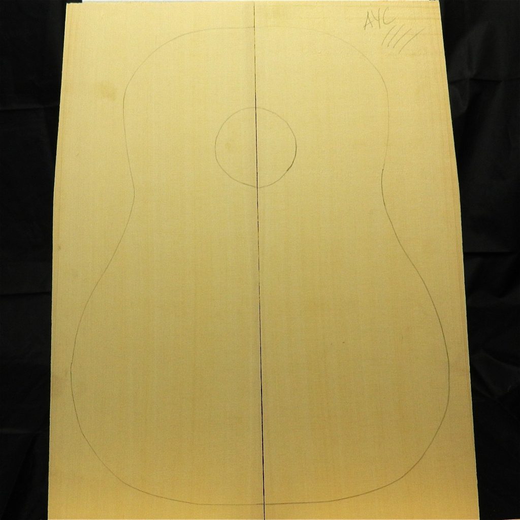 Master Grade Yellow Cedar acoustic guitar soundboard blank with pencil body outline and A16 identification mark.