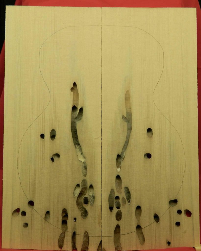 Teredo float log Sitka Spruce Archtop Guitar tonewood planks with mollusk holes and guitar outline.