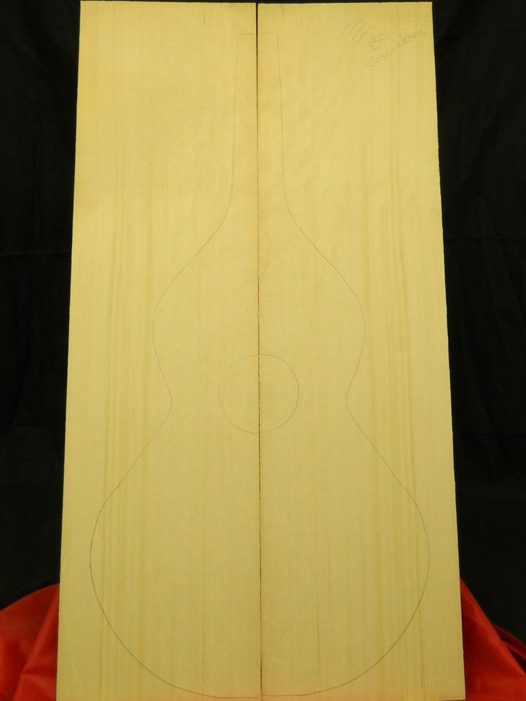 BearClaw Sitka Spruce Weisenborn soundboard halves with quartersawn grain and construction outline.