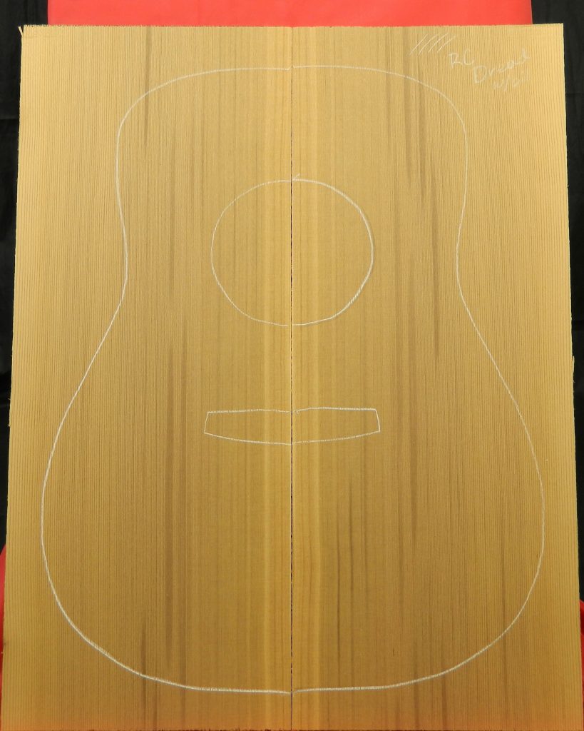 Master-grade Western Red Cedar soundboard with quartersawn grain for Red Cedar Dreadnought Guitar construction.