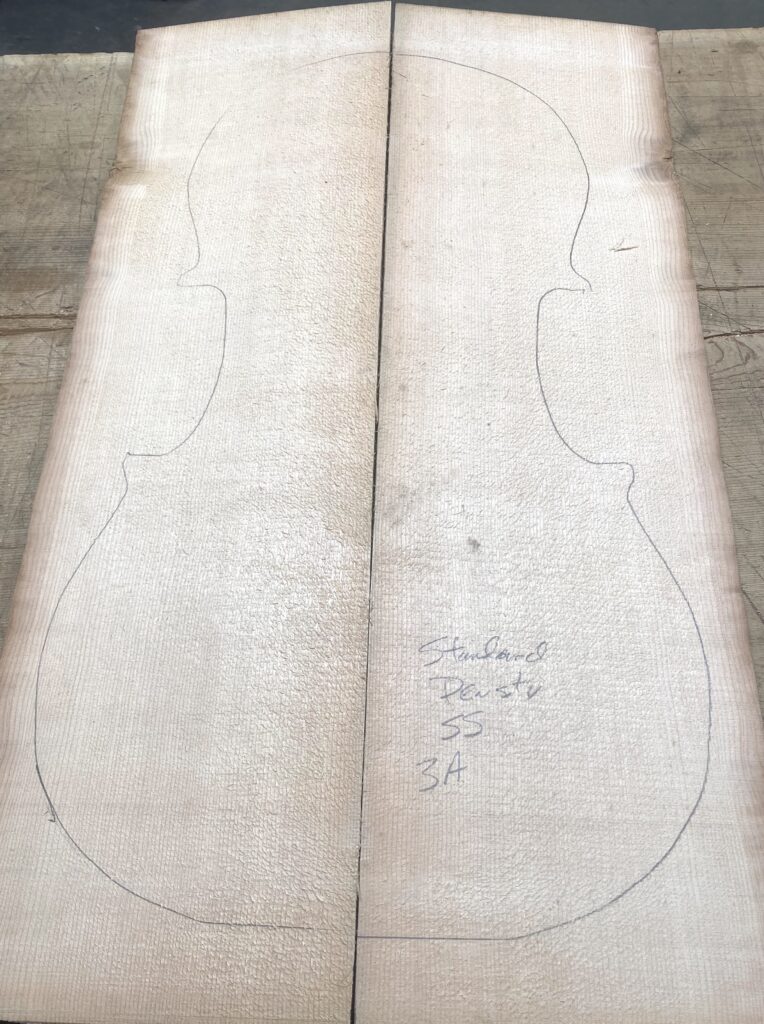 AAA Non-Figured Sitka Spruce Cello Front book-matched planks with cello body outline.