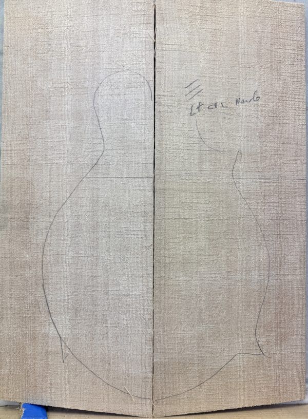 AAA Quilt Carved Top bookmatched Sitka Spruce mandolin blank with pencil outline.