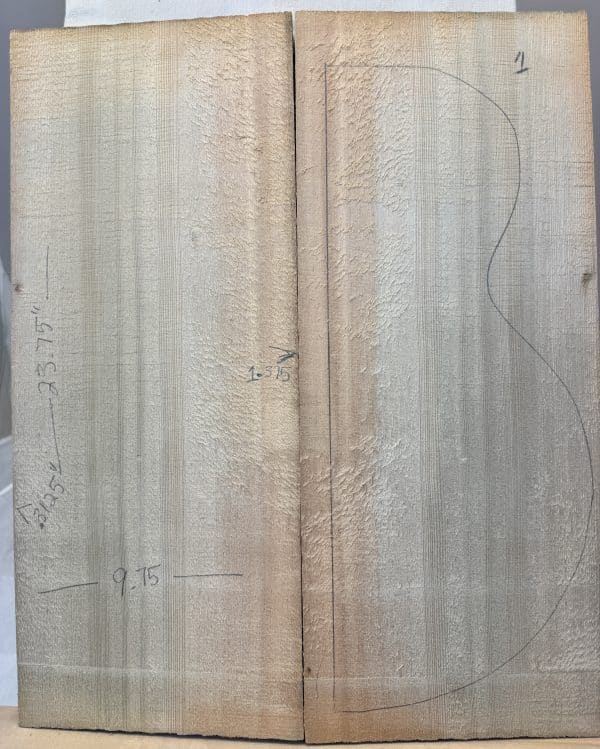 Denim Archtop guitar front outline on Sitka Spruce soundboard with measurements.
